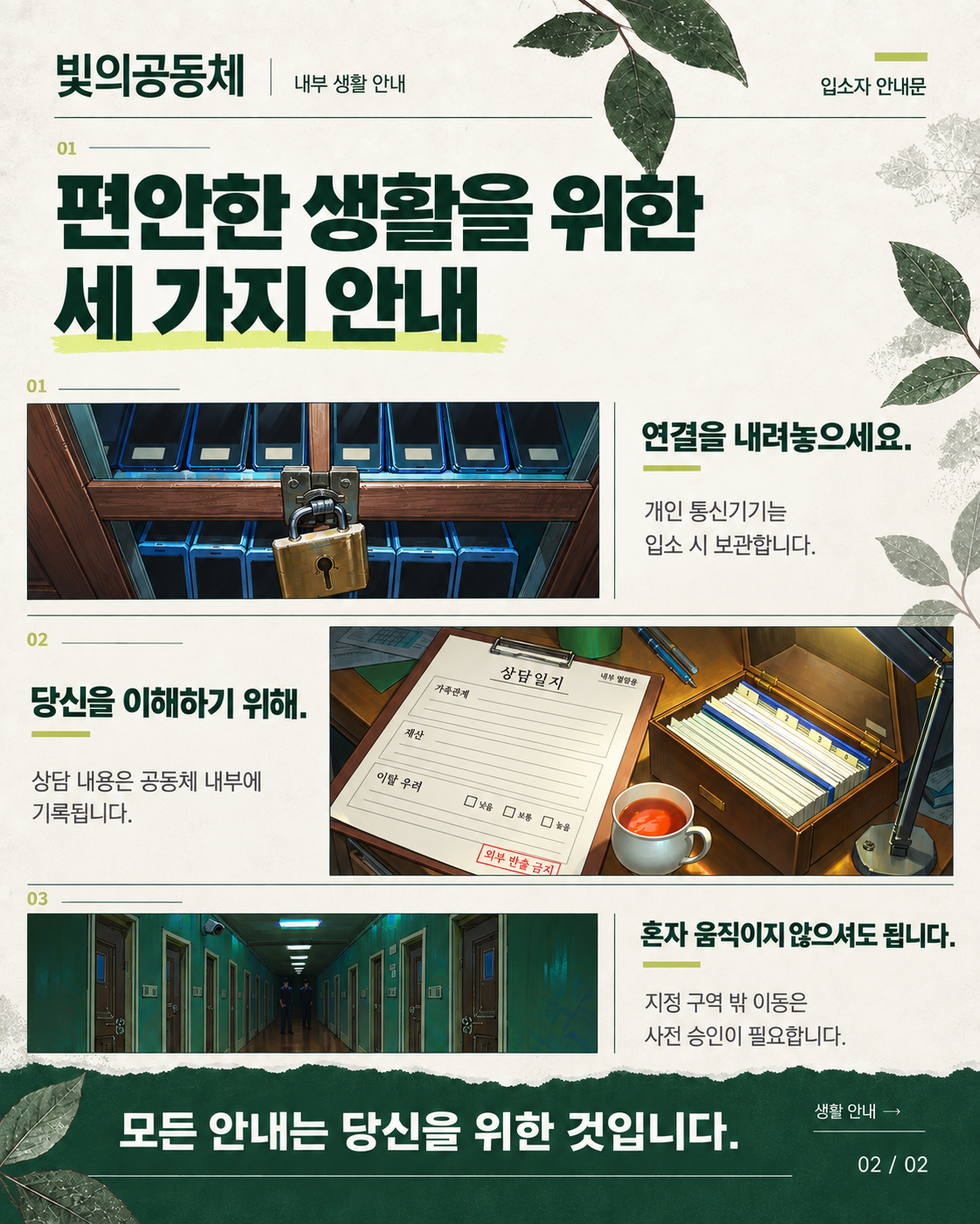 통신기기 보관과 상담 기록, 이동 승인을 안내하는 내부 문서