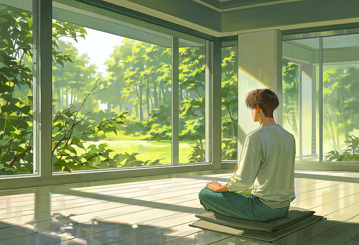 숲을 바라보며 명상하는 방문객